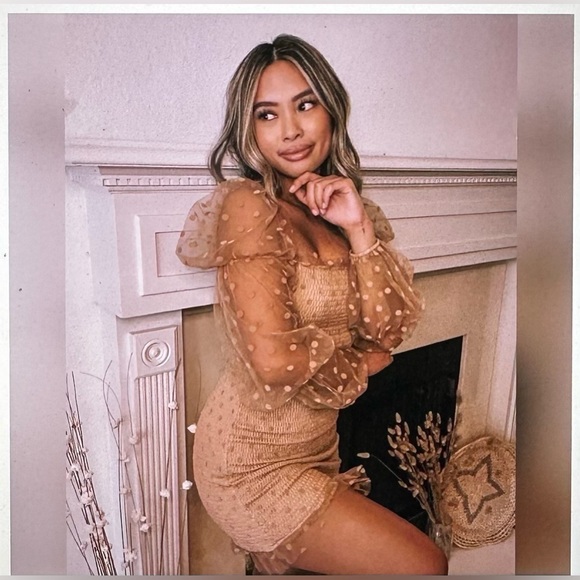 Lovesong Polka Dot Smocked Mini Dress Size M / Color Beige / Tan - Picture 1 of 9